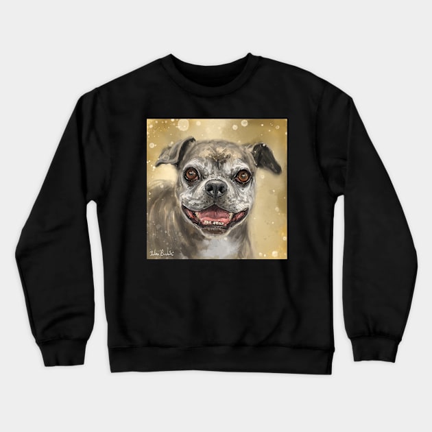 Painting of a Mixed Boxer Puppy with a Big Smile and Big Pink Tongue Crewneck Sweatshirt by ibadishi